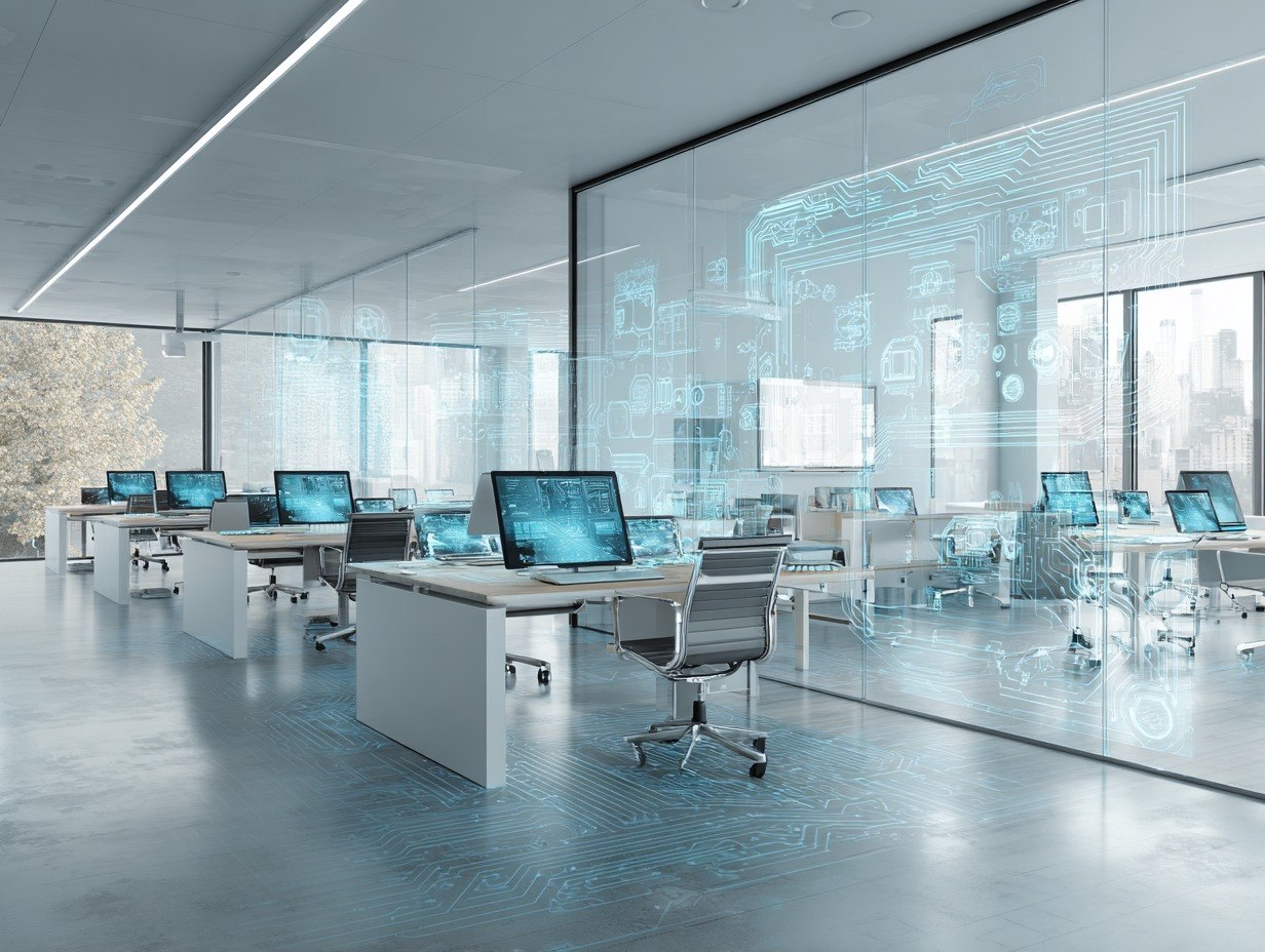 Modern office with desks, chairs, and computer monitors in a futuristic setting.