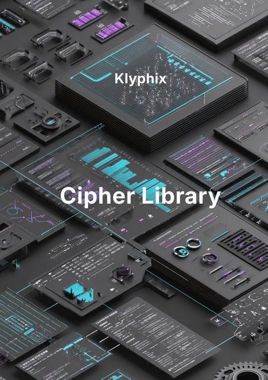 Collection of digital interfaces with 'Klyphix Cipher Library' text overlay on a dark background.