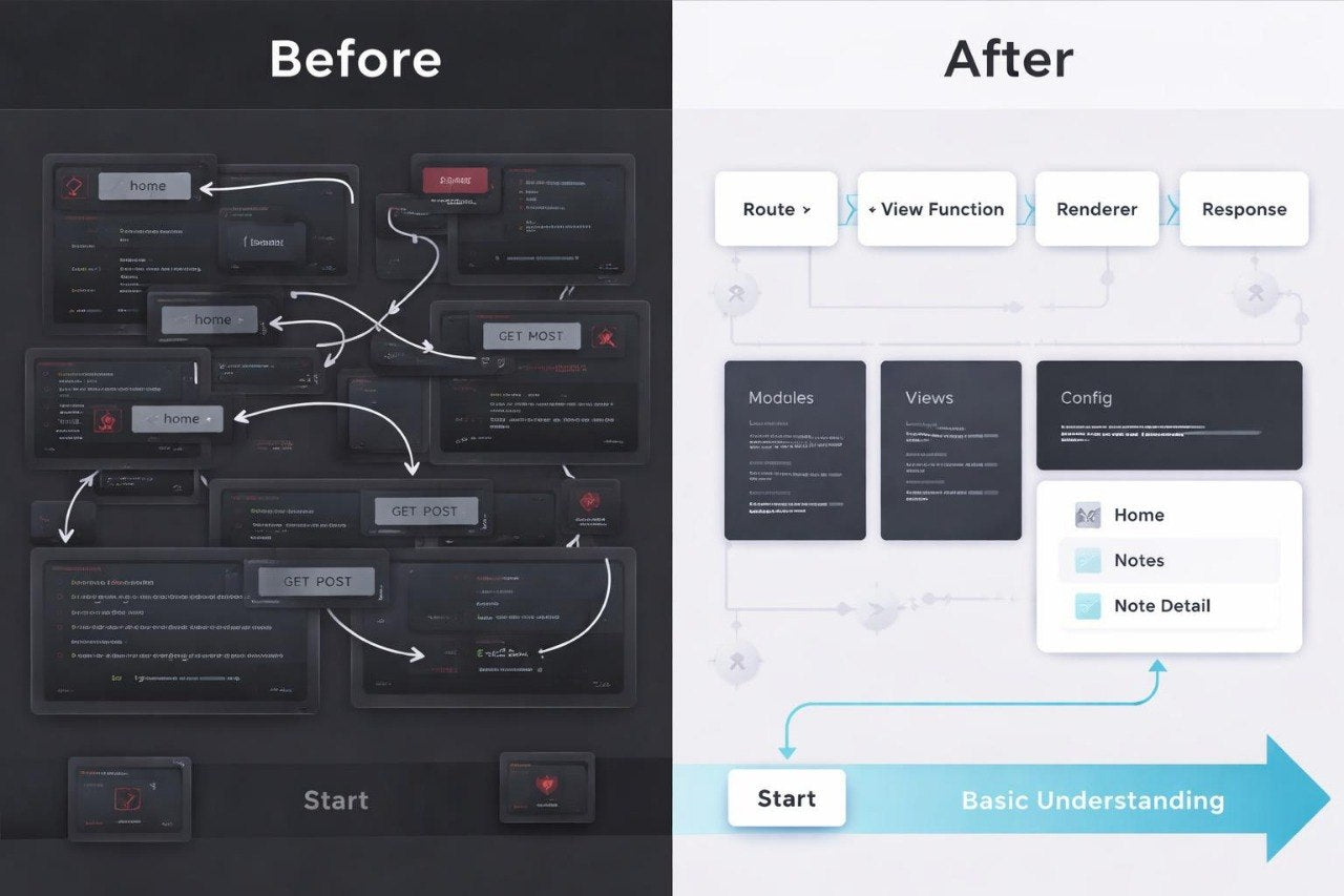 Before and after comparison of a complex diagram on the left and a simplified interface on the right.