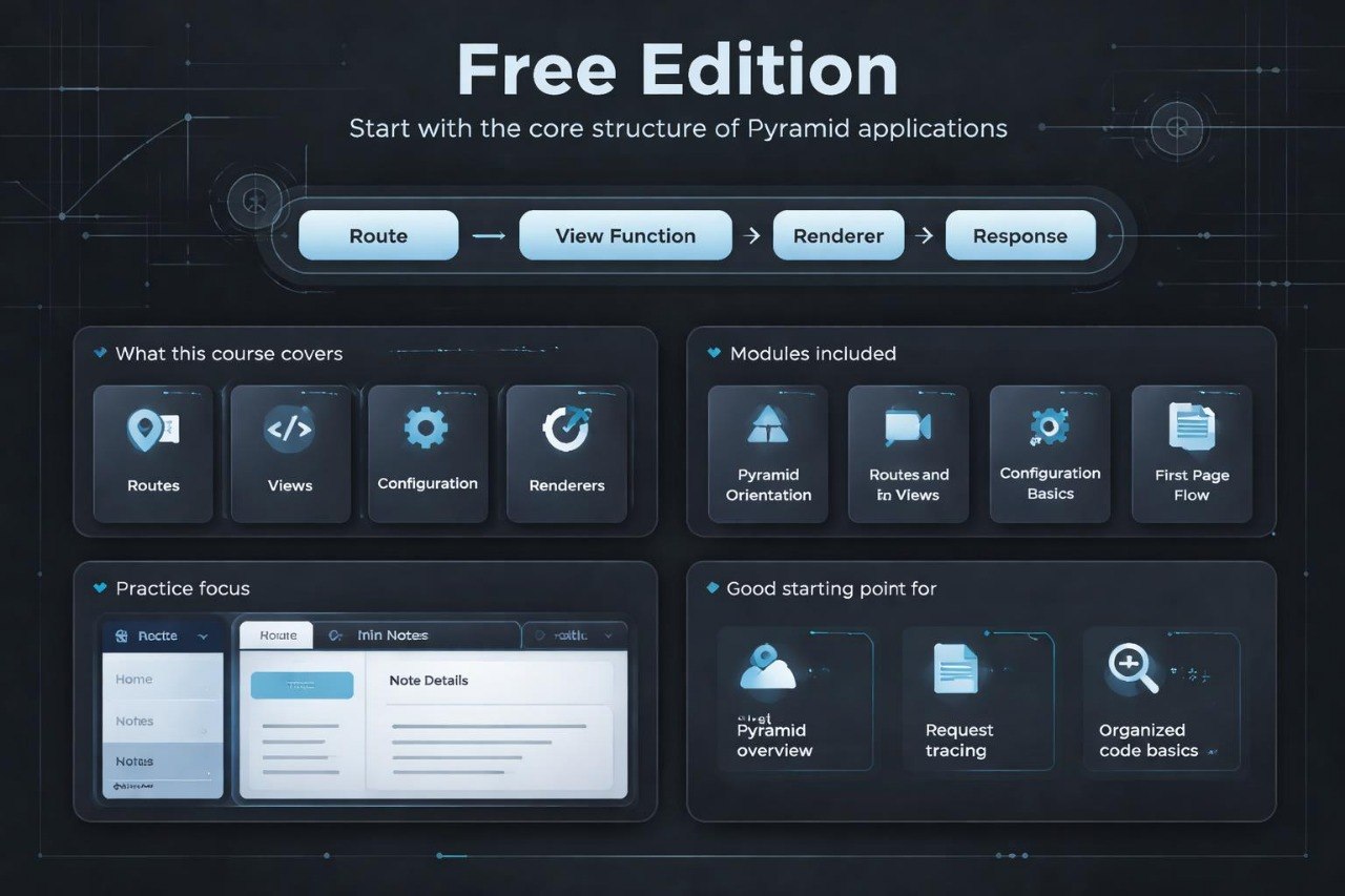 Free edition introduction for Pyramid applications with course details on a dark background