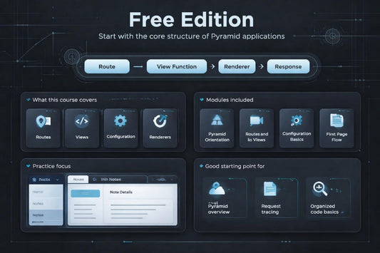Free edition introduction for Pyramid applications with course details on a dark background