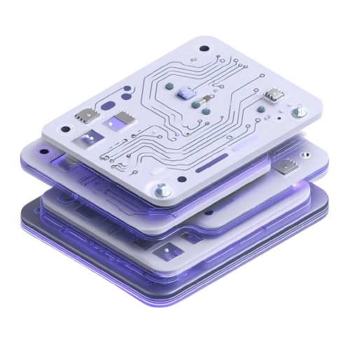 Stack of electronic circuit boards with visible components on a white background