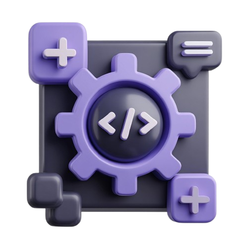 3D icon with a gear, code symbols, and plus signs on a white background