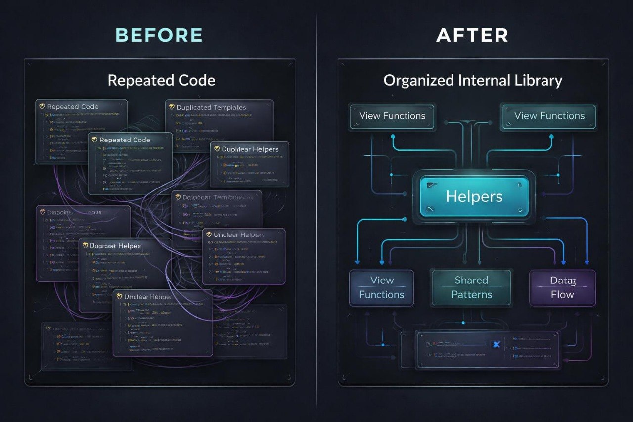 Comparison of repeated code structure before and after organizing it into an internal library with labeled sections.